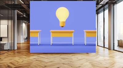 Lightbulb and school desks in row, knowledge and idea. Copy space Wall mural