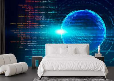 Lines of code and bright blue planet hologram Wall mural