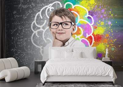 Little boy in glasses, brain sketch Wall mural