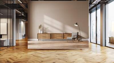 Living room interior with cozy armchair, panoramic window and sideboard Wall mural