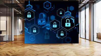 Lock and cybersecurity, data protection and global network security Wall mural