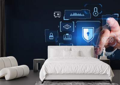 Man hand using cybersecurity interface Wall mural