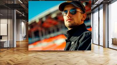 Man in black security uniform with sunglasses, standing at a stadium, sunny day. Concept of security and protection.  Generative AI Wall mural