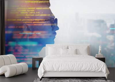 Man in glasses in city, programming concept Wall mural