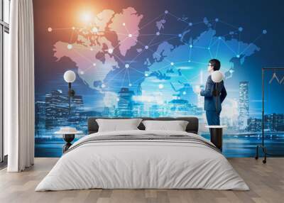 Man with coffee and network with world map Wall mural