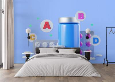 Medical bottles with pills and vitamins icons, health care. Mock up Wall mural