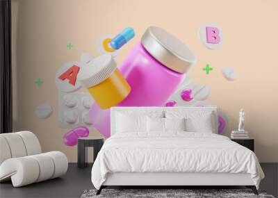 Medical empty bottles with pills and vitamins flying, health treatment Wall mural