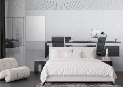 Mockup canvas in white and black office room with furniture and computer Wall mural