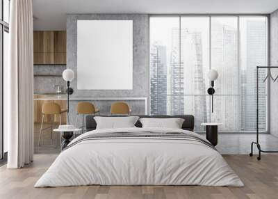 Mockup frame in wooden and grey kitchen with bar chairs and window Wall mural