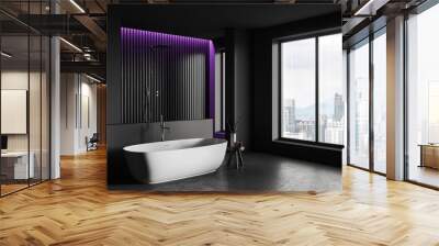 Modern bathroom interior with bathtub, douche and panoramic window Wall mural