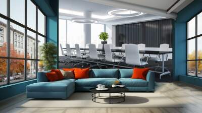 Modern conference room with furniture, big windows and city view 3D Render Concept of success Wall mural