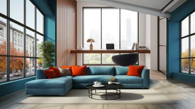 Modern home office with city view through large windows, wooden accents. 3D Rendering Wall mural