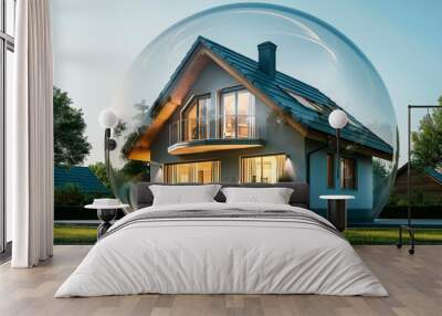 Modern house inside a transparent bubble, on a clear outdoor background, representing the concept of protection and property insurance.  Generative AI Wall mural