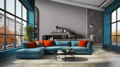 Modern living room interior with arch, marble decoration and dark grey on wall. Black sofa with cushions, coffee table, chest of drawers and lamp. Concrete floor. Wall mural