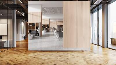 Modern office interior visible behind a blank wooden wall, ideal for a mockup on a light background, showcasing workspace concept. 3D Rendering Wall mural