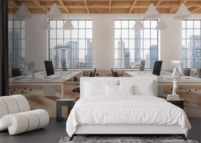 Modern office interior with desks, computers, and chairs, large windows showcasing a city skyline, white and wooden elements, light environment, workspace concept.  3D Rendering Wall mural