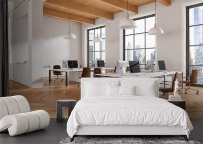 Modern office interior with pc computers on tables in row, panoramic window Wall mural