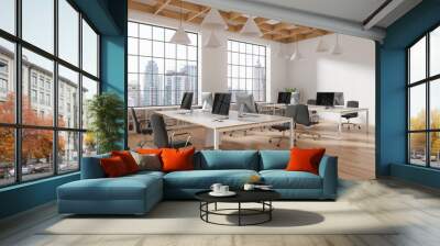 Modern open-plan office with computer desks and chairs, wooden ceiling, large windows, city background, concept of contemporary workspace.  3D Rendering Wall mural