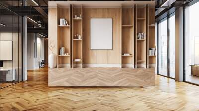 Modern wooden wall with shelves and blank canvas in living room. 3D Rendering Wall mural