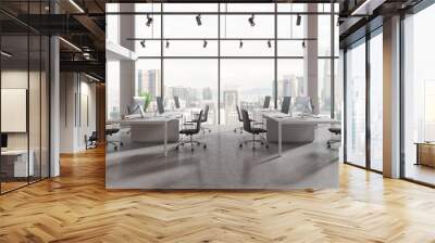 Office coworking interior with pc monitors in row, panoramic window Wall mural