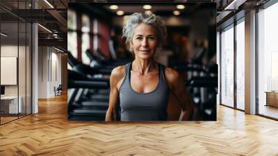 Old woman with grey hair training in gym. Healthy life with sport and fitness concept. Ai generative illustration Wall mural