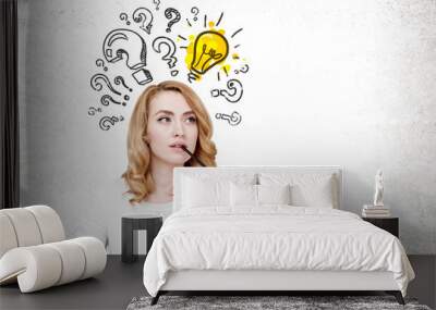 Pensive ginger woman and solution search Wall mural