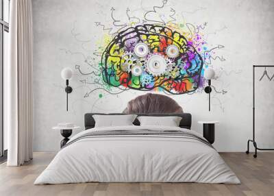 Pensive woman s head, cog brain Wall mural