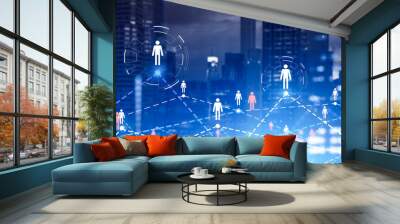 People icons hologram on background of financial center buildings Wall mural