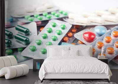 Pile of colorful medicine pills and capsules in blister packs Wall mural