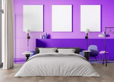 Purple living room, armchair and poster gallery Wall mural