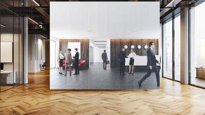 Reception table and red armchairs, people Wall mural