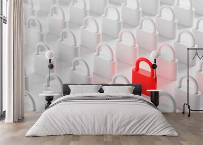 Red padlock among white ones, online security Wall mural