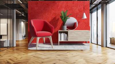 Red wall living room interior, armchair Wall mural