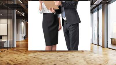 Serious young European businessman and businesswoman discussing work, isolated Wall mural