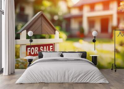 Sign for sale and house on blurred background. Ai generative illustration Wall mural