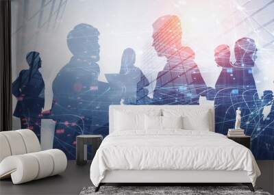 Silhouettes of business people, network Wall mural