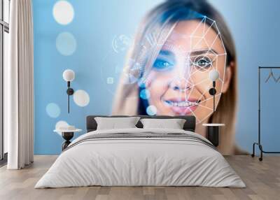 Smiling businesswoman with facial recognition, digital interface Wall mural