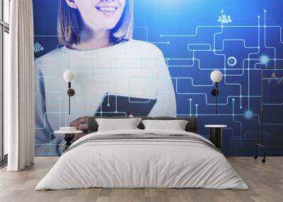 Smiling teen girl with tablet, global connection Wall mural