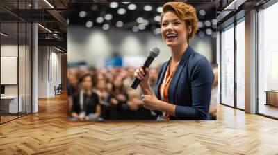 Smiling woman with microphone presenting at a professional conference, audience in background. Generative AI Wall mural