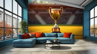 Soccer ball trophy on stadium field with sunlight flare. Sports and win championship concept. Generative AI Wall mural