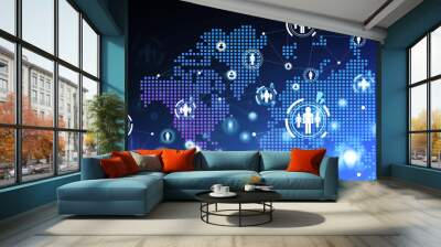 Social network icons on digital world map Wall mural