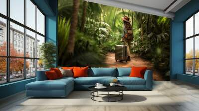 Solo traveler with suitcase amidst jungle greenery. Sustainable travel concept. Generative AI Wall mural