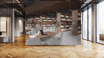 Stylish library interior with table and chairs in row, pc computer and shelf Wall mural