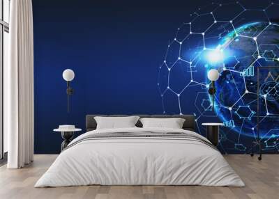 The Earth hexagons map over globe satellite. Planet connection through modern technology. Concept of GPS and Internet. Telecommunication in modern world. Elements of this image furnished by NASA. Wall mural