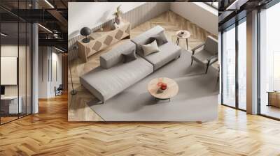 Top view on bright living room interior with brown sofa Wall mural