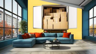 Trailer with cardboard boxes inside, ready for shipment. Mockup Wall mural