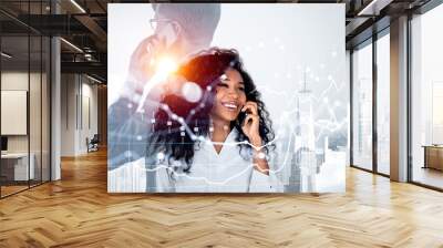 Two business people making a phone call, cityscape and stock market analysis Wall mural