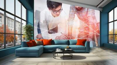 Two businessmen working in city, graph Wall mural