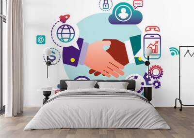 Two men shaking hands, cloud computing icons Wall mural