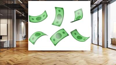 Various green dollar bills floating in different orientations on a white background. Concept of money, finance, and wealth. 3D rendering Wall mural